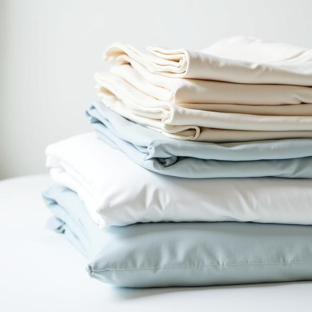 美しく重ねられたTaiga Neのベッドリネン